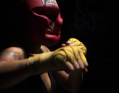 person wearing red head gear